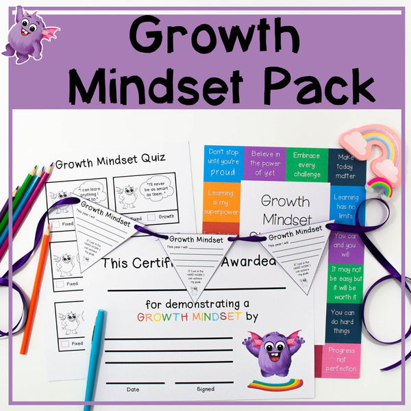 Growth Mindset Poster & Activities Pack + Quiz & Goal Setting Bunting